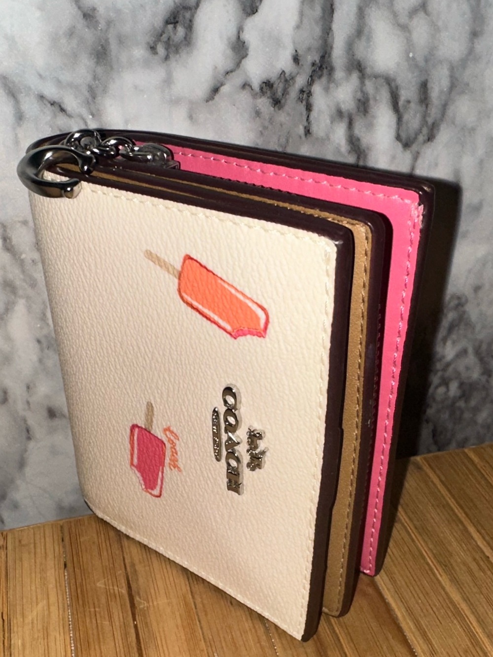 Coach White Cream Pink Popsicle Leather Card Case Bifold Snap Wallet NEW